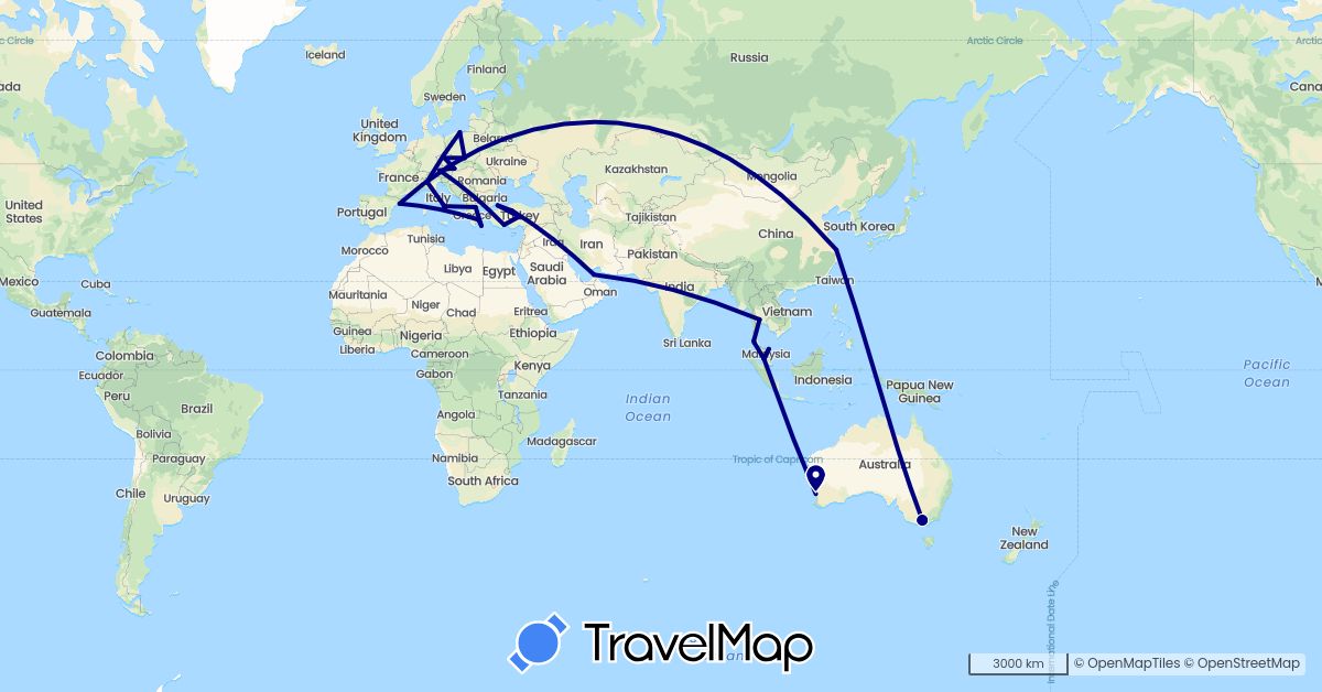 TravelMap itinerary: driving in United Arab Emirates, Austria, Australia, China, Czech Republic, Spain, Greece, Italy, Malaysia, Poland, Slovakia, Thailand, Turkey (Asia, Europe, Oceania)