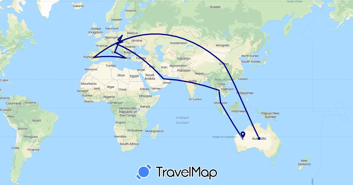 TravelMap itinerary: driving in United Arab Emirates, Austria, Australia, China, Czech Republic, Spain, Greece, Italy, Malaysia, Poland, Slovakia, Thailand, Turkey (Asia, Europe, Oceania)